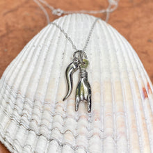Load image into Gallery viewer, 14KT White Gold Mano Cornuto + 10KT Italian Horn Pendants Chain Necklace