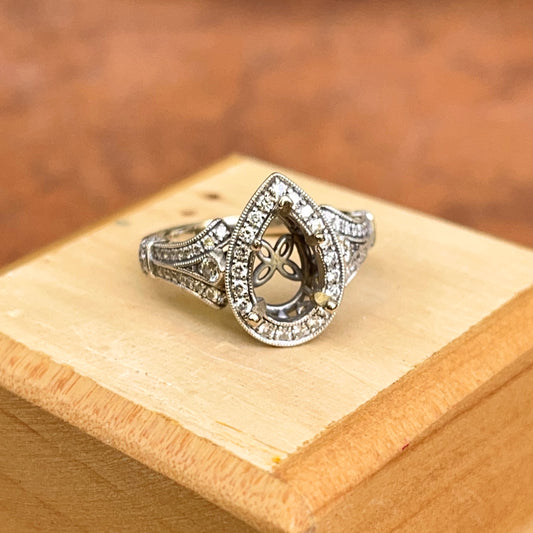 Estate Gabriel + Co 14KT White Gold Pear Pave Diamond Halo Mounting Ring