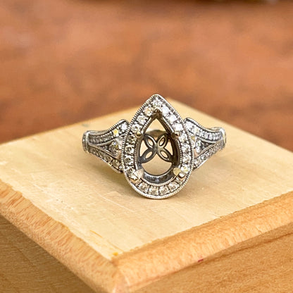 Estate Gabriel + Co 14KT White Gold Pear Pave Diamond Halo Mounting Ring