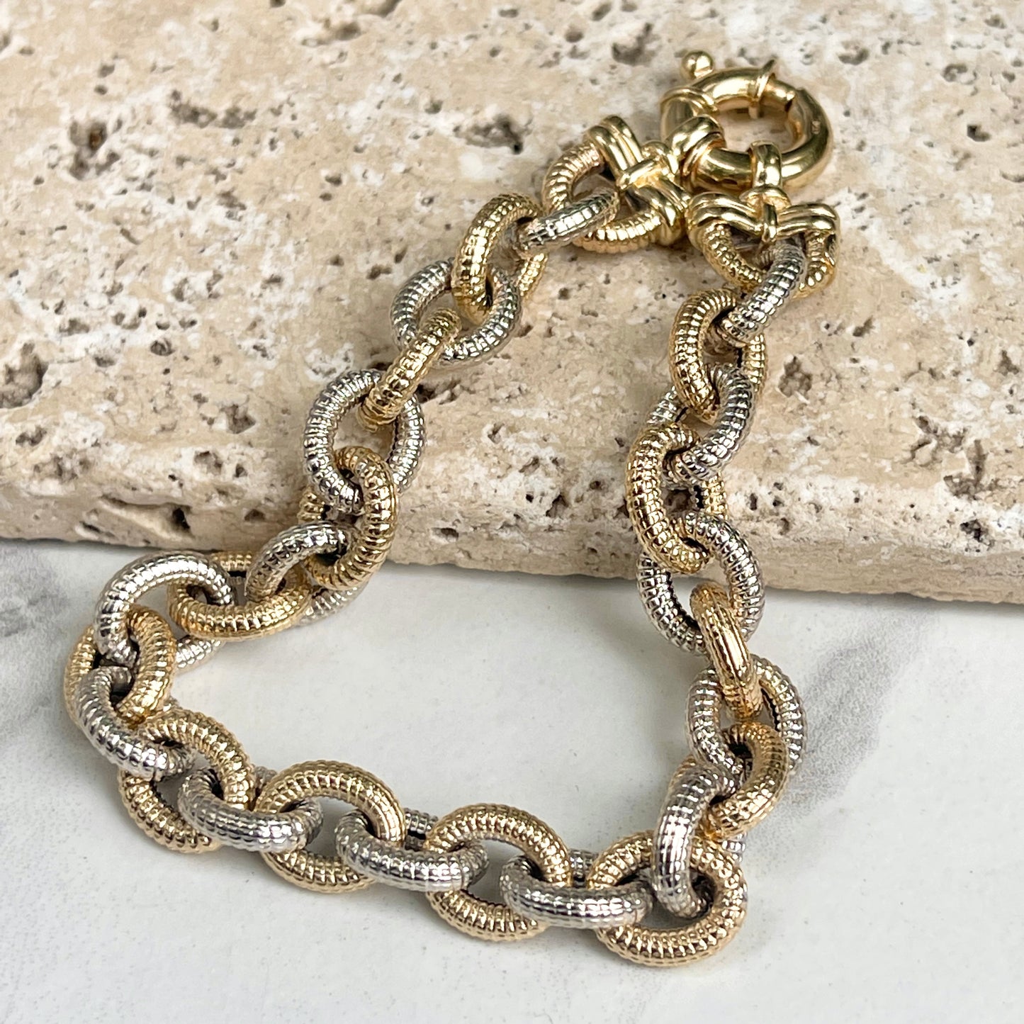 Estate 14KT Yellow Gold + White Gold Rolo Link Chain Toggle Bracelet
