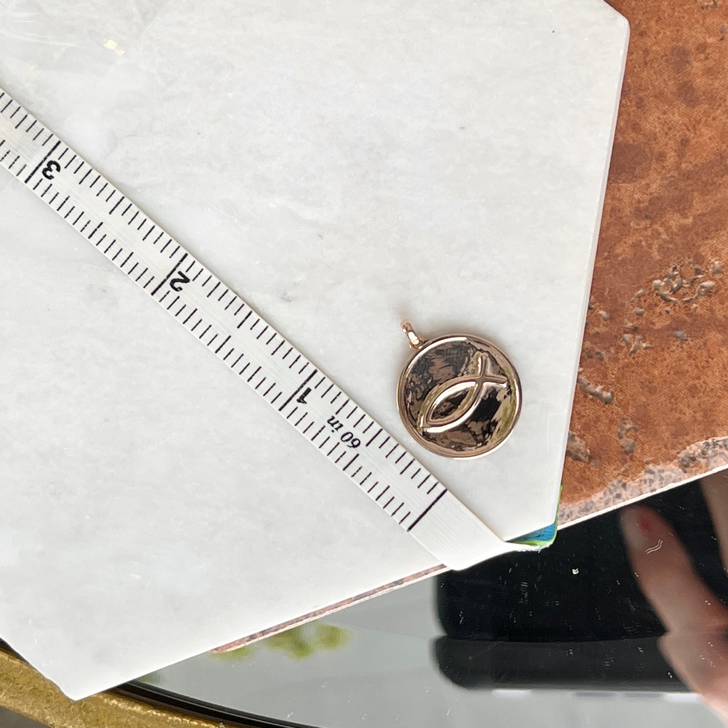 14KT Rose Gold Matte Ichthus Round Medal Disc Pendant 20mm