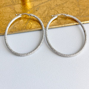 14KT White Gold Textured Tube Oval Hoop Earrings 46mm