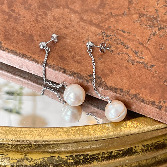 14KT White Gold Pale Pink Freshwater Pink Chain Dangle Earrings