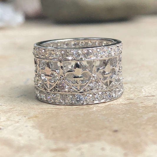 Sterling Silver Pave CZ Fleur de Lis Ring Size 8, Sterling Silver Pave CZ Fleur de Lis Ring Size 8 - Legacy Saint Jewelry