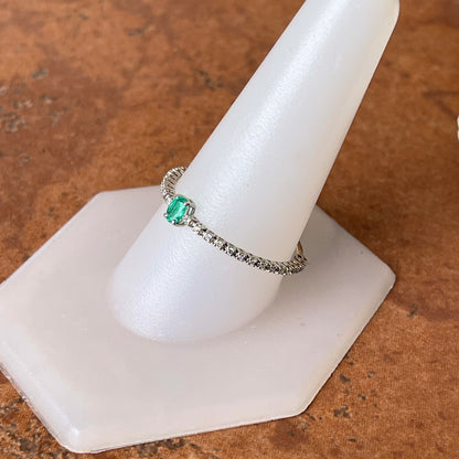 Estate 14KT White Gold Oval Emerald + Diamond Chain Link Ring