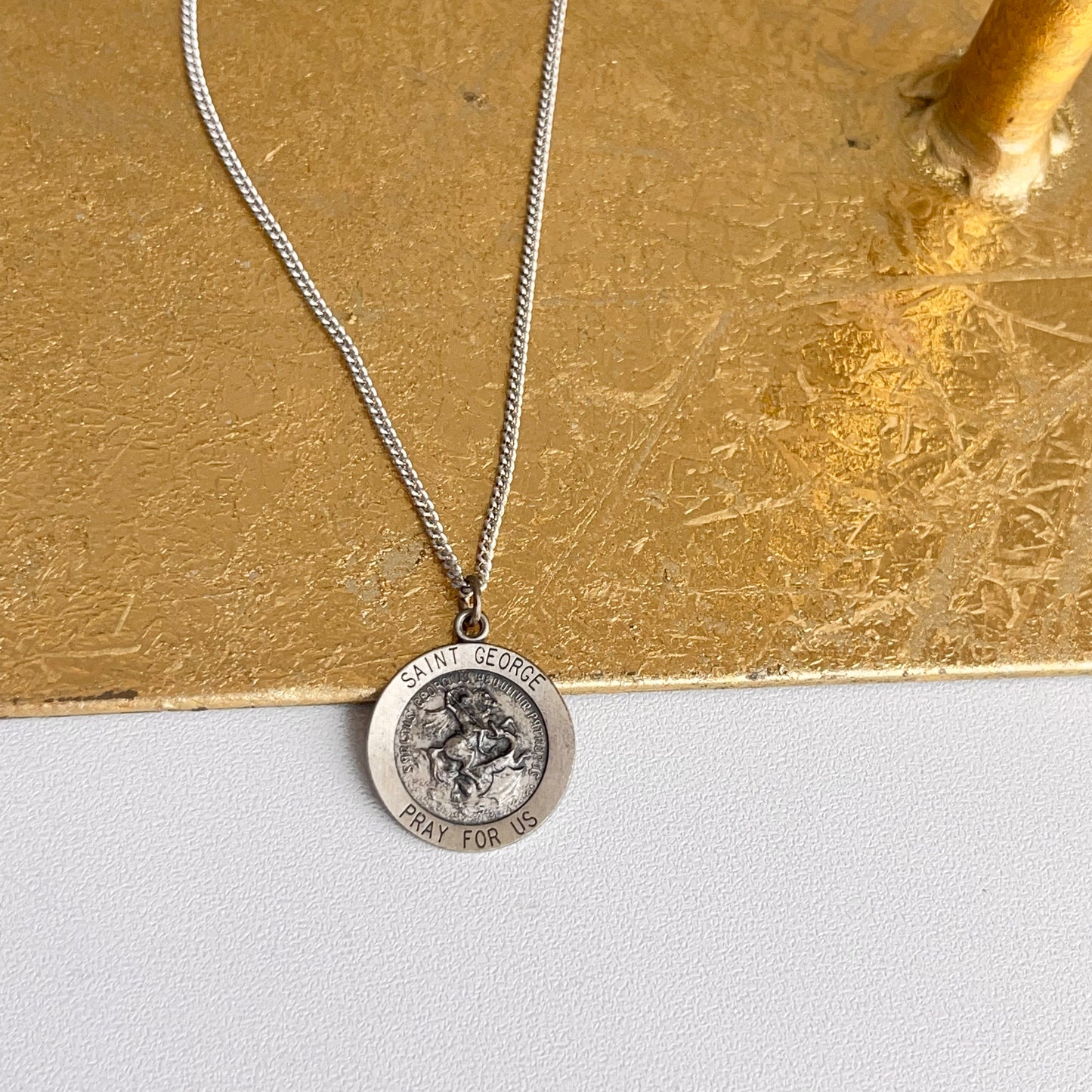 Sterling Silver Antiqued St George Medal Pendant Necklace