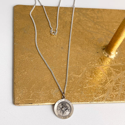 Sterling Silver Antiqued St George Medal Pendant Necklace