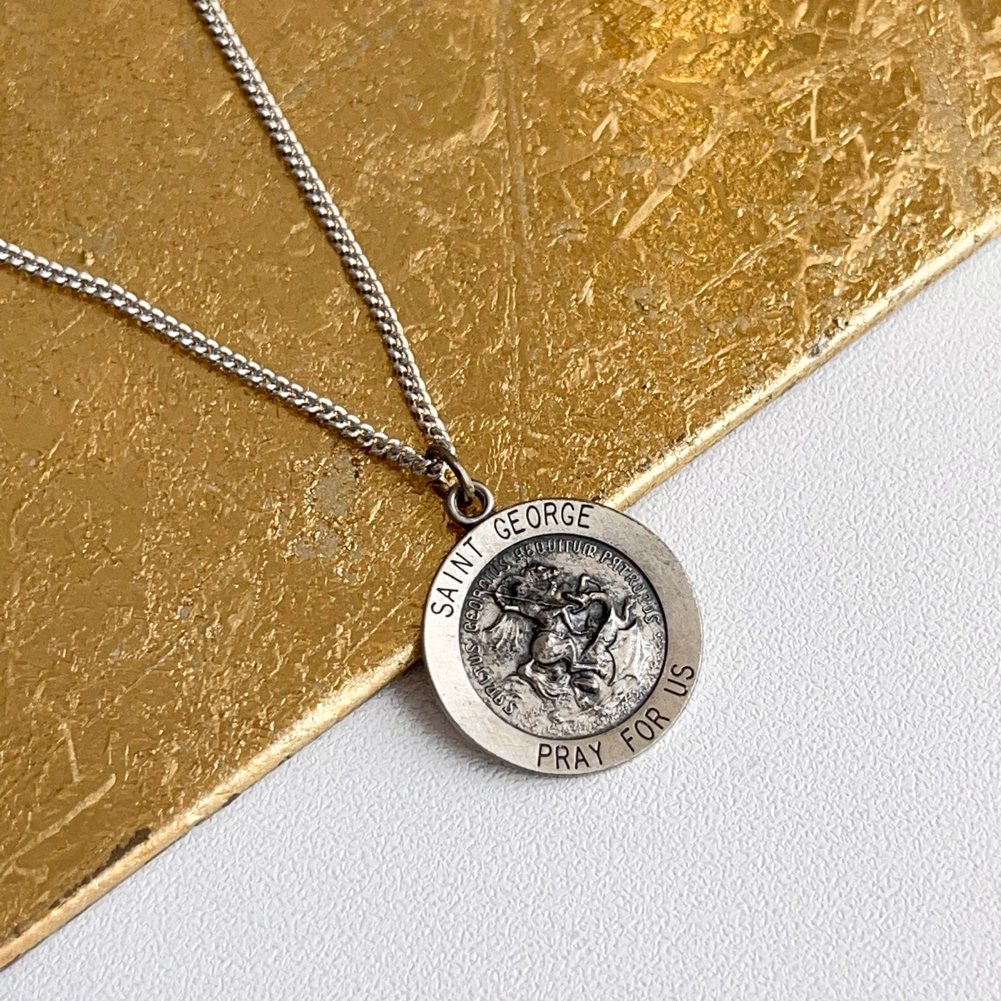 Sterling Silver Antiqued St George Medal Pendant Necklace