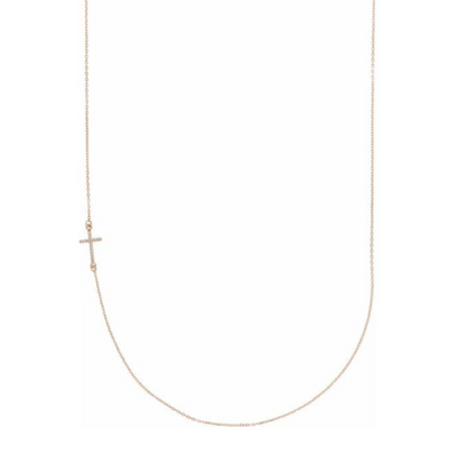 14KT Rose Gold .04 CT Diamond Off-Center Sideways Cross Necklace