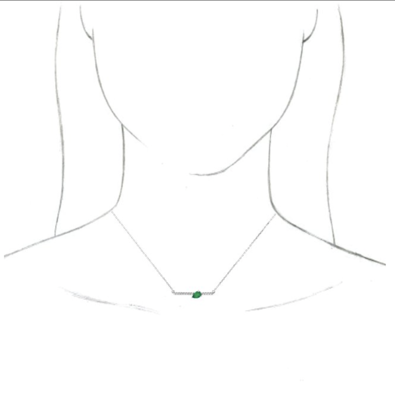 14KT White Gold 1/10 CT Diamond + Teardrop Emerald Bar Necklace