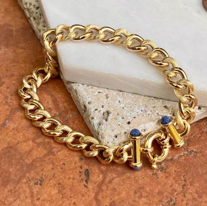 Estate 14KT Yellow Gold Rounded Textured Cabochon Lapis Toggle Clasp Bracelet