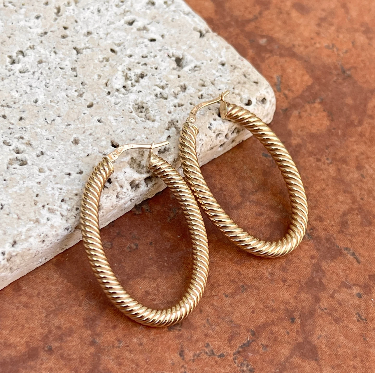 10KT Yellow Gold Twisted Tube Oval Hoop Earrings 39mm