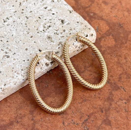 10KT Yellow Gold Twisted Tube Oval Hoop Earrings 39mm