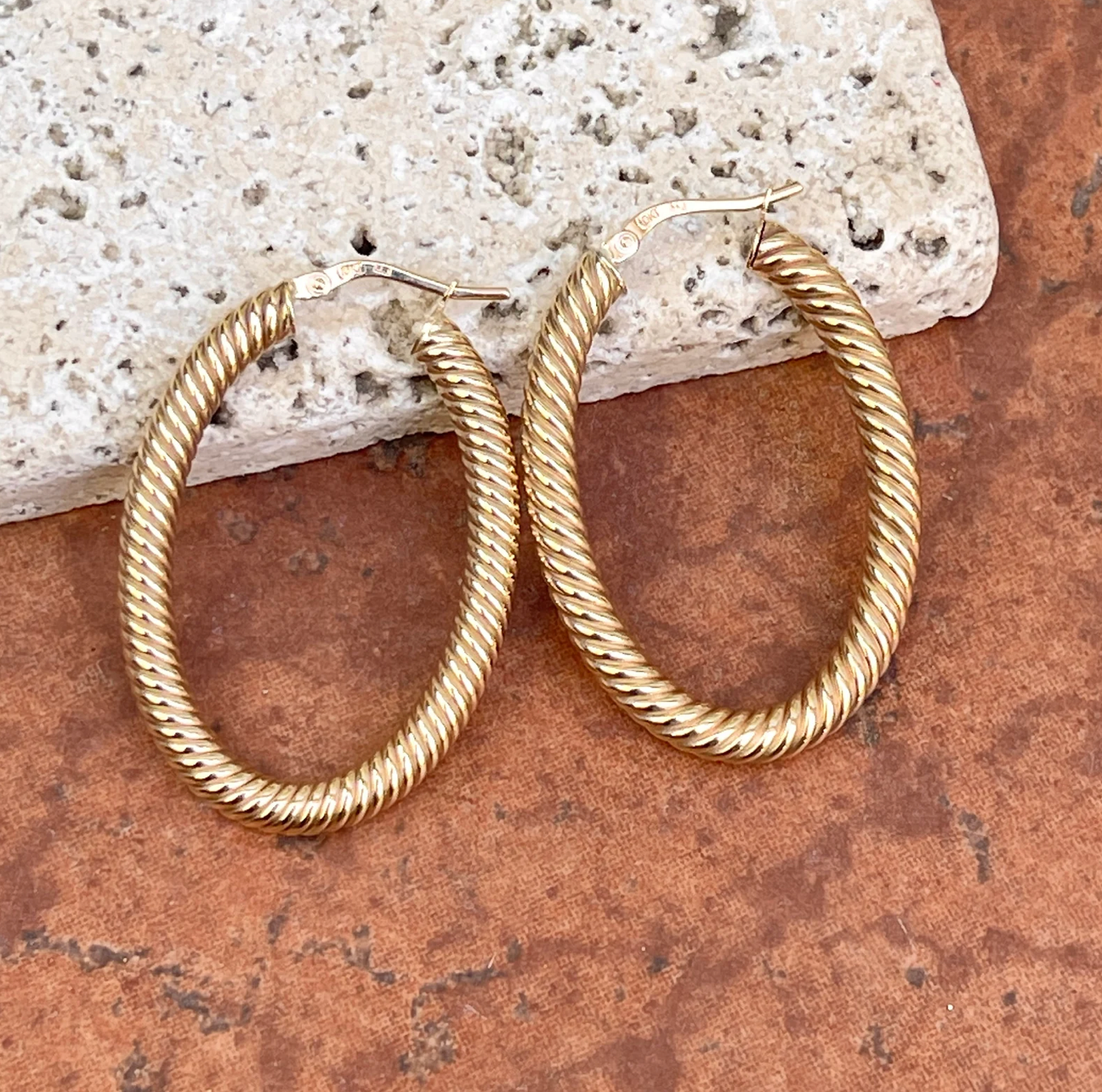10KT Yellow Gold Twisted Tube Oval Hoop Earrings 39mm