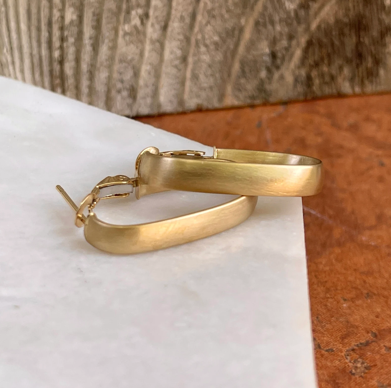 14KT Yellow Gold Matte Oval Hoop Earrings 28mm