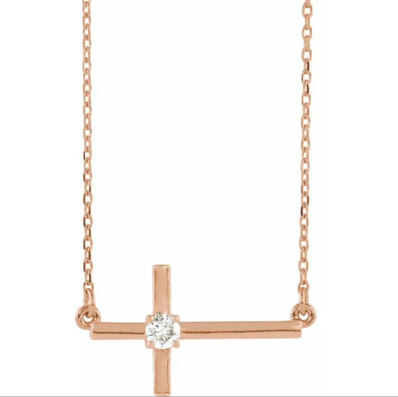 14KT Rose Gold 1/10 CT Diamond Sideways Cross Necklace