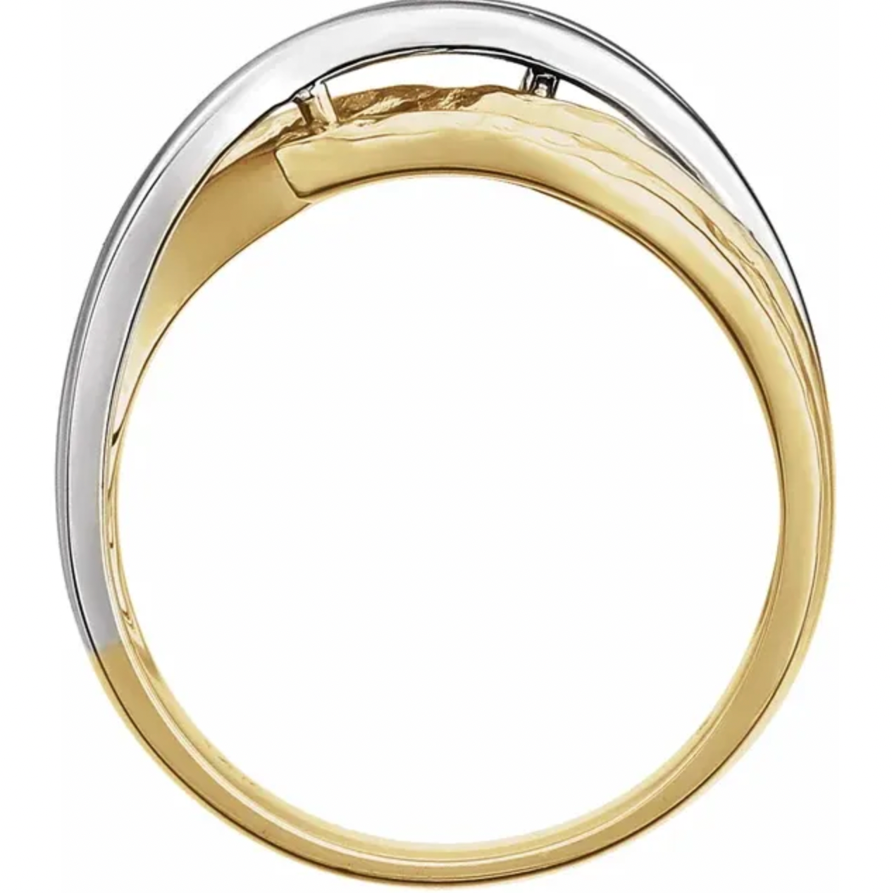 14KT White Gold + Yellow Gold Hammered Cigar Band Domed Ring
