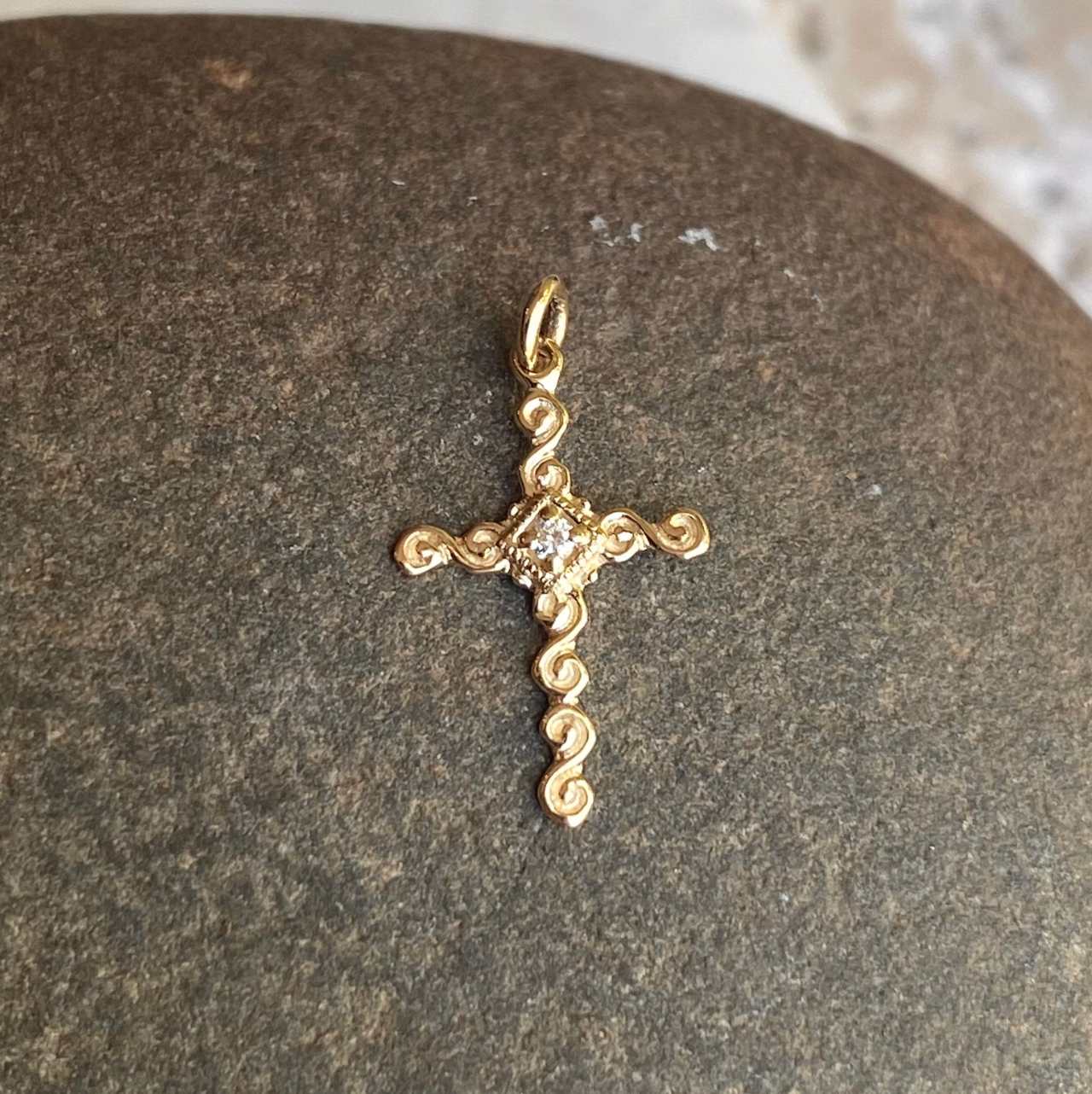 14KT Yellow Gold .01 CT Diamond Swirl Cross Pendant Charm