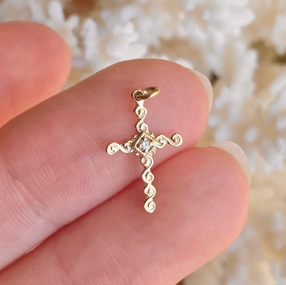 14KT Yellow Gold .01 CT Diamond Swirl Cross Pendant Charm