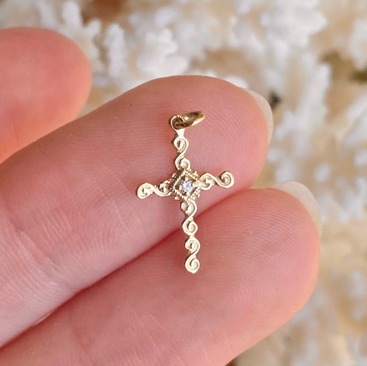 14KT Yellow Gold .01 CT Diamond Swirl Cross Pendant Charm