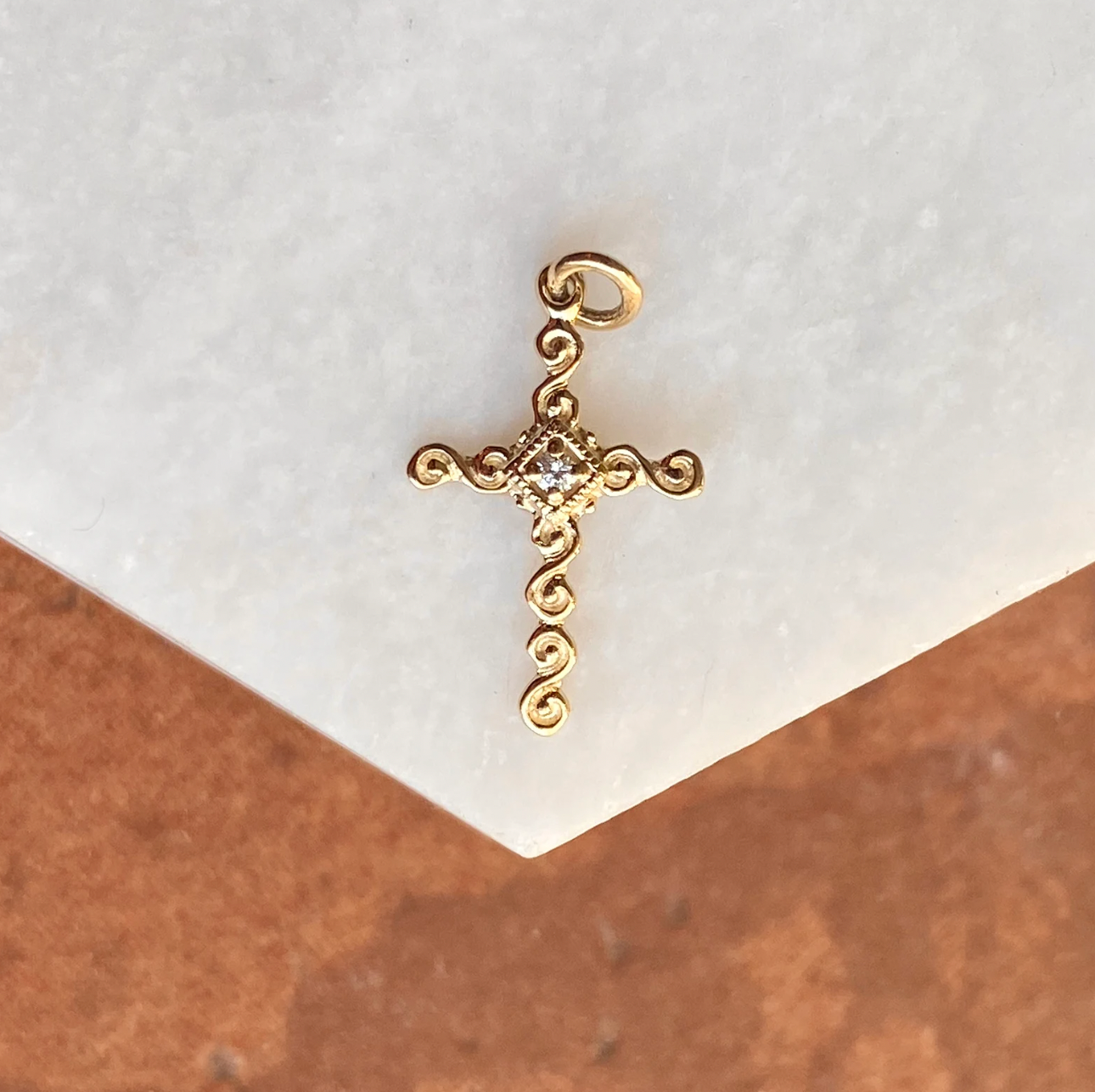 14KT Yellow Gold .01 CT Diamond Swirl Cross Pendant Charm