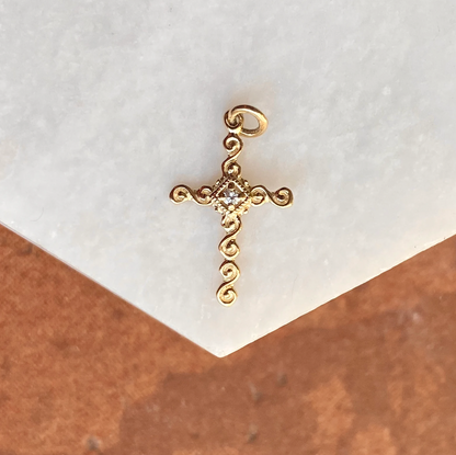 14KT Yellow Gold .01 CT Diamond Swirl Cross Pendant Charm