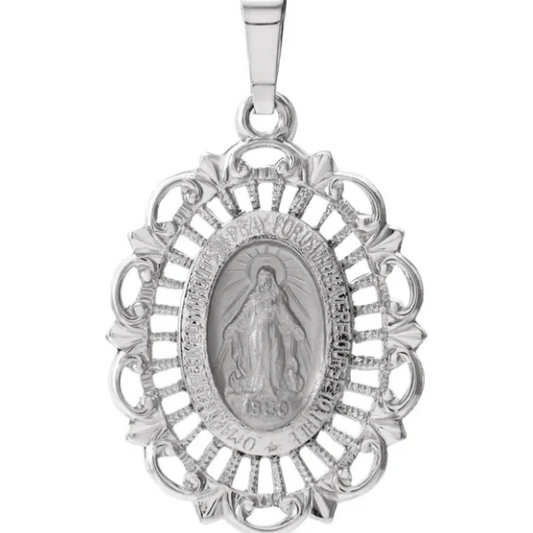 14KT White Gold Oval Filigree Miraculous Medal Pendant 22mm