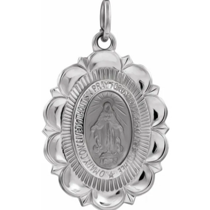 Sterling Silver Oval Scalloped Edge Miraculous Medal Pendant 22mm