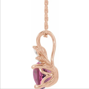 14KT Rose Gold Pink Tourmaline + Marquise Diamond Necklace