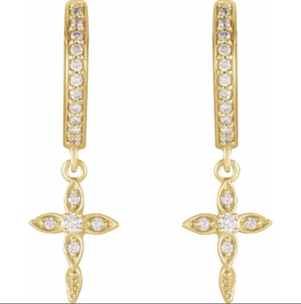 14KT Yellow Gold Diamond Huggie Hoops Cross Charms Earrings, 14KT Yellow Gold Diamond Huggie Hoops Cross Charms Earrings - Legacy Saint Jewelry