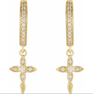 14KT Yellow Gold Diamond Huggie Hoops Cross Charms Earrings, 14KT Yellow Gold Diamond Huggie Hoops Cross Charms Earrings - Legacy Saint Jewelry