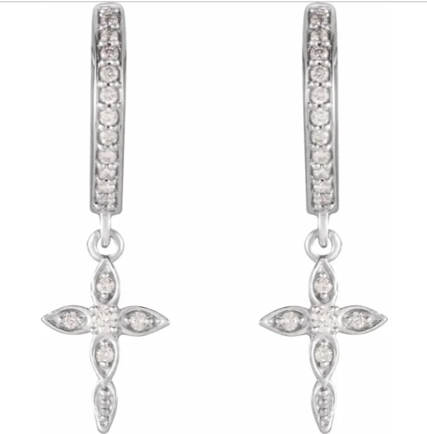 14KT White Gold Diamond Huggie Hoops Cross Charms Earrings, 14KT White Gold Diamond Huggie Hoops Cross Charms Earrings - Legacy Saint Jewelry