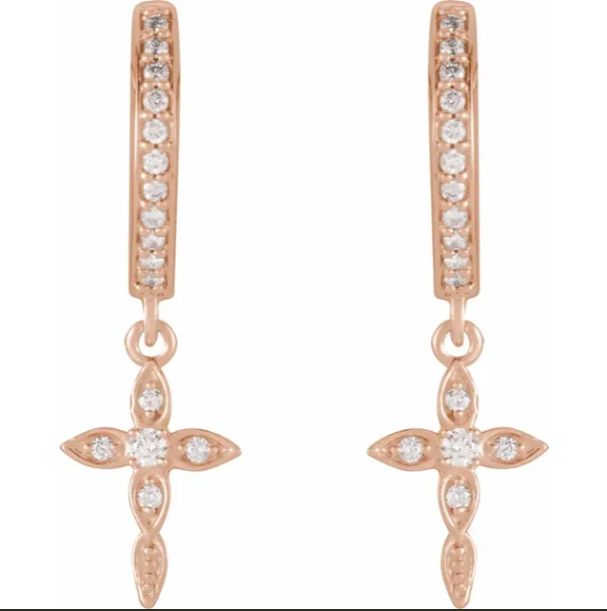 14KT Rose Gold Diamond Huggie Hoops Cross Charms Earrings, 14KT Rose Gold Diamond Huggie Hoops Cross Charms Earrings - Legacy Saint Jewelry