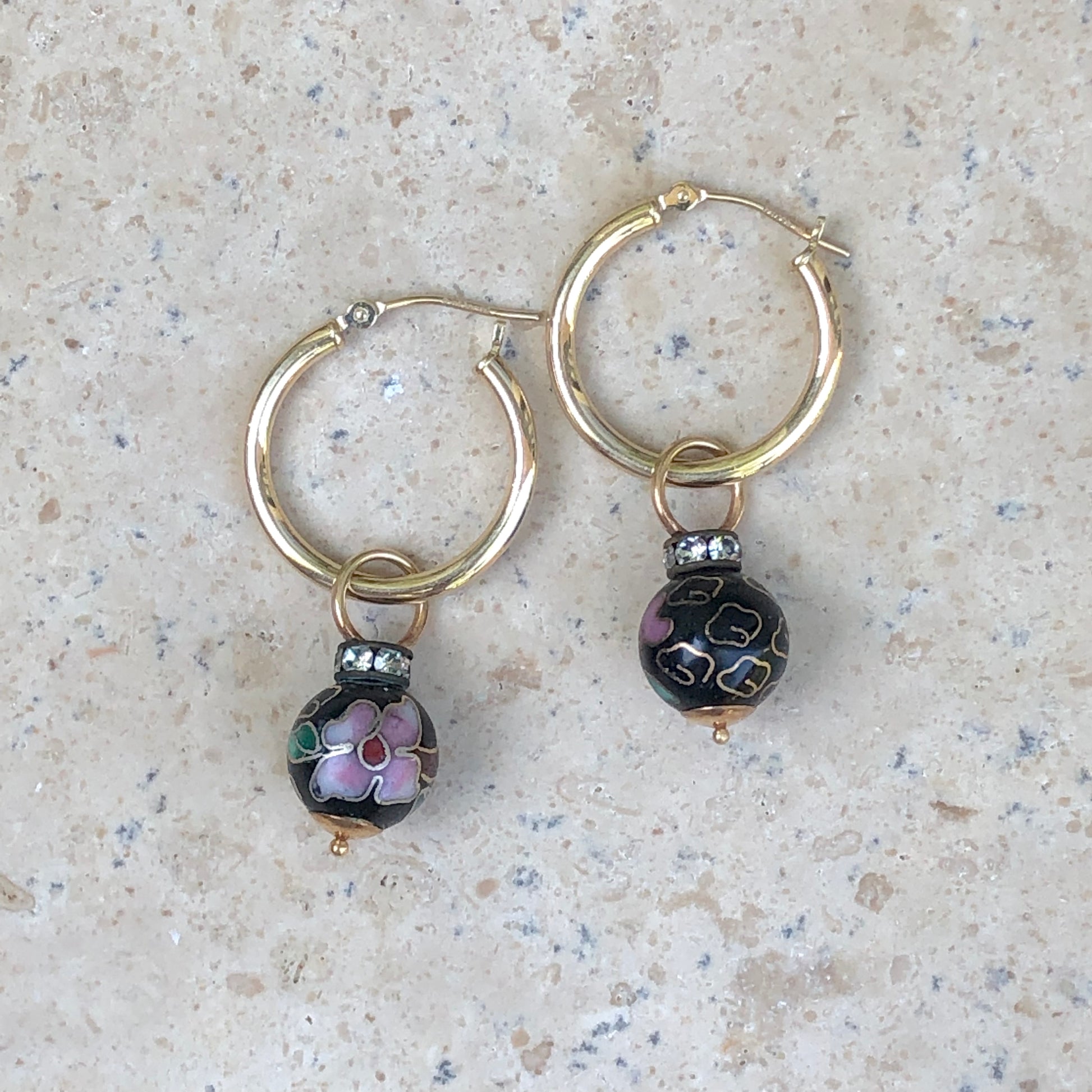 14KT Yellow Gold Black + Pink Multi Color CZ Cloisonne Ball Earring Charms, 14KT Yellow Gold Black + Pink Multi Color CZ Cloisonne Ball Earring Charms - Legacy Saint Jewelry