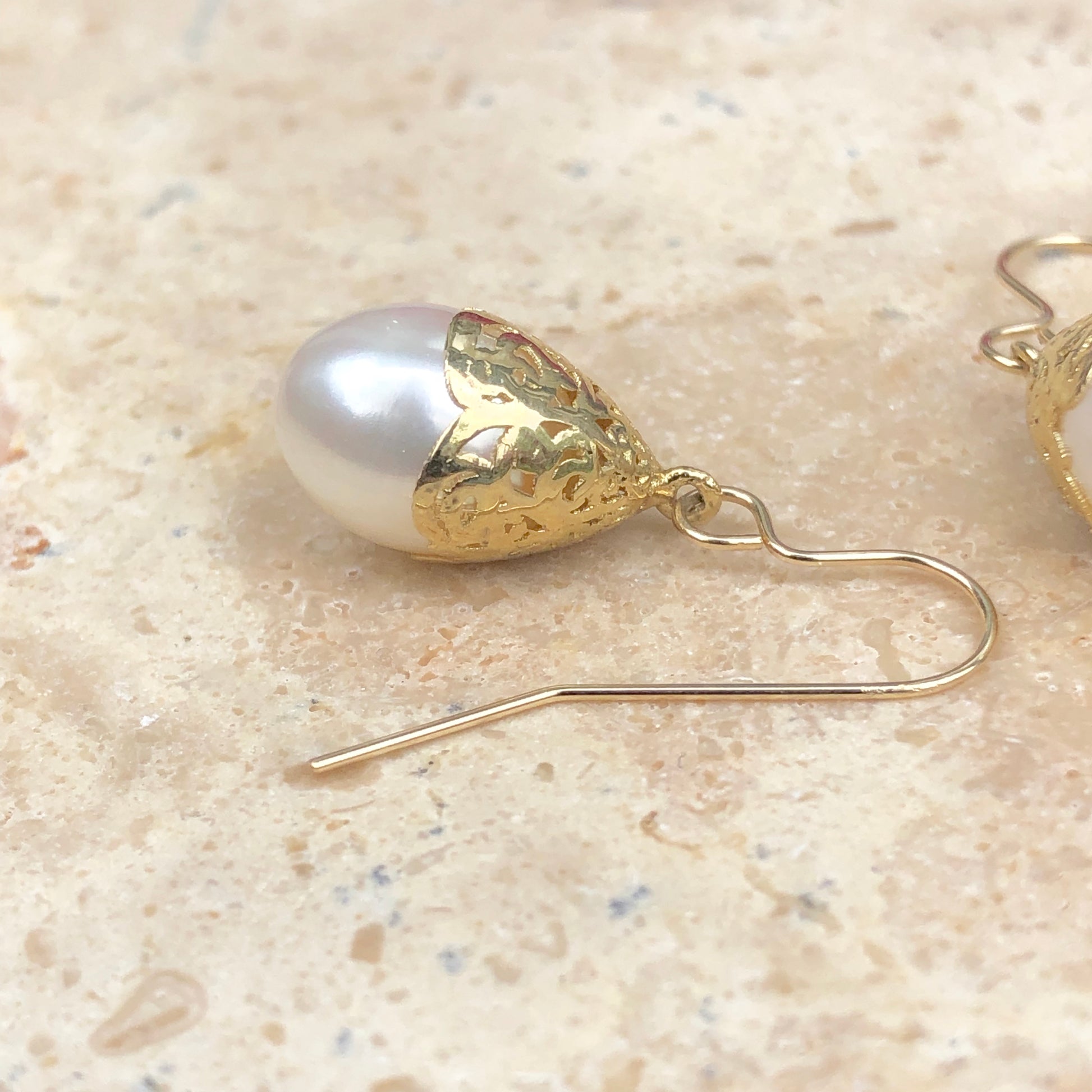 14KT Yellow Gold Filigree Lace + Freshwater Pearl Earrings, 14KT Yellow Gold Filigree Lace + Freshwater Pearl Earrings - Legacy Saint Jewelry