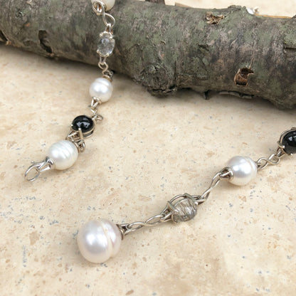 Sterling Silver Paspaley South Sea Pearl, Onyx + Quartz Lariat Necklace, Sterling Silver Paspaley South Sea Pearl, Onyx + Quartz Lariat Necklace - Legacy Saint Jewelry