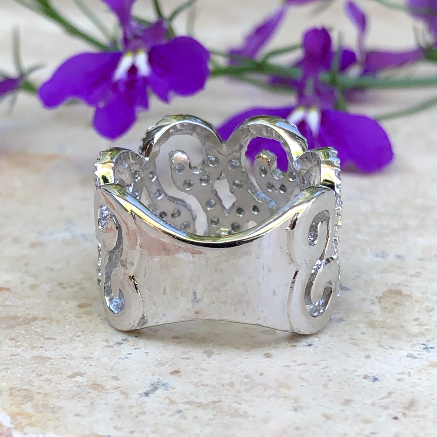 Sterling Silver Pave CZ Filigree Swirl Cigar Band Ring, Sterling Silver Pave CZ Filigree Swirl Cigar Band Ring - Legacy Saint Jewelry