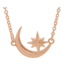 Load image into Gallery viewer, 14KT Rose Gold Crescent Moon + Star Pendant Chain Necklace, 14KT Rose Gold Crescent Moon + Star Pendant Chain Necklace - Legacy Saint Jewelry