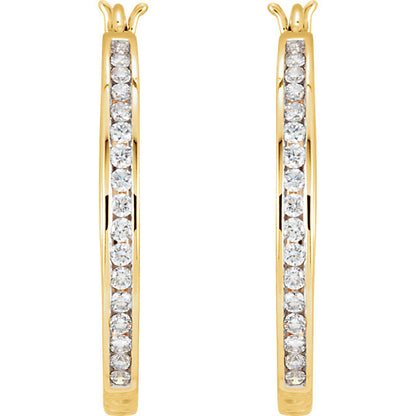 14KT Yellow Gold Channel Diamond Hoop Earrings 25mm, 14KT Yellow Gold Channel Diamond Hoop Earrings 25mm - Legacy Saint Jewelry