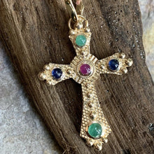 Load image into Gallery viewer, 14KT Yellow Gold Gemstones Etruscan Cross Pendant Charm, 14KT Yellow Gold Gemstones Etruscan Cross Pendant Charm - Legacy Saint Jewelry
