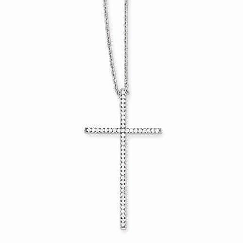 Sterling Silver Long Pave CZ Cross Pendant Necklace 18