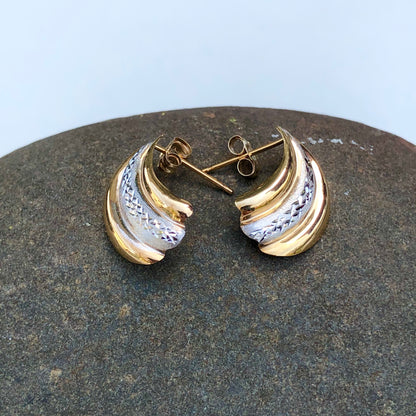 14KT Yellow Gold + White Gold Diamond-Cut Shell Earrings, 14KT Yellow Gold + White Gold Diamond-Cut Shell Earrings - Legacy Saint Jewelry