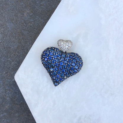 14KT White Gold Pave Diamond + Blue Sapphire Heart Pendant, 14KT White Gold Pave Diamond + Blue Sapphire Heart Pendant - Legacy Saint Jewelry