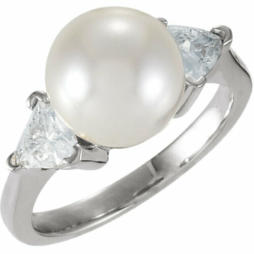 14KT White Gold Paspaley South Sea Pearl + Trillion Diamond Ring, 14KT White Gold Paspaley South Sea Pearl + Trillion Diamond Ring - Legacy Saint Jewelry