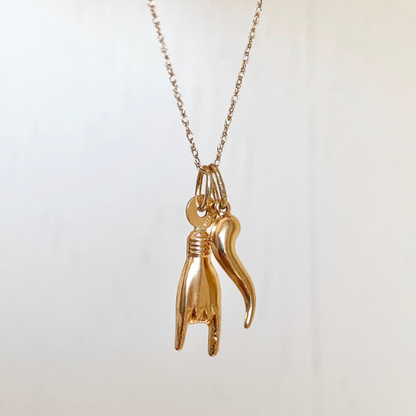 10KT Yellow Gold 20mm Mano Cornuto + Corno Italian Horn Pendants Chain Necklace