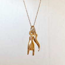 Load image into Gallery viewer, 10KT Yellow Gold 20mm Mano Cornuto + Corno Italian Horn Pendants Chain Necklace