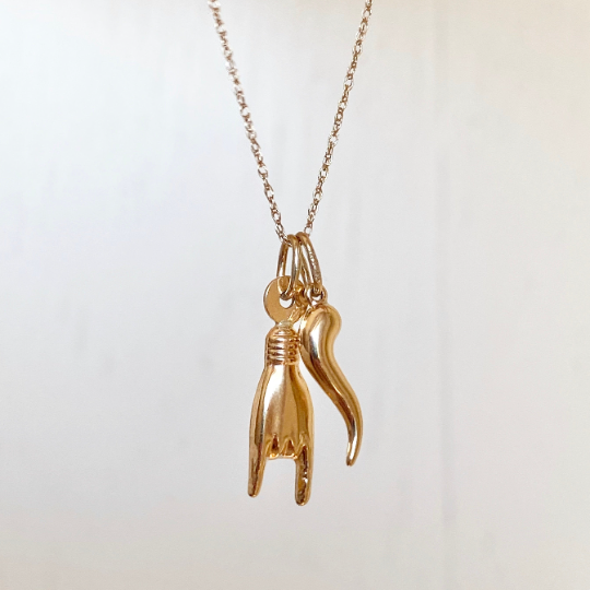 14KT Yellow Gold 20mm Mano Cornuto + Corno Italian Horn Pendants Chain Necklace