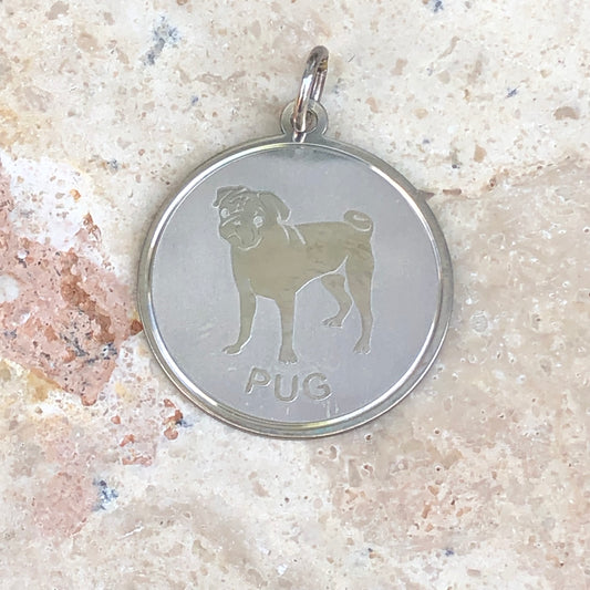 Sterling Silver Pug Pendant Charm Satin Disc, Sterling Silver Pug Pendant Charm Satin Disc - Legacy Saint Jewelry