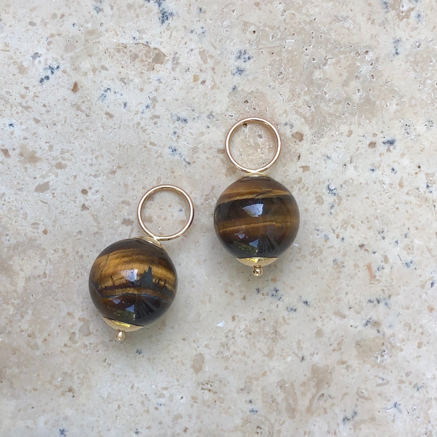 14KT Yellow Gold Tigereye Ball Earring Charms, 14KT Yellow Gold Tigereye Ball Earring Charms - Legacy Saint Jewelry