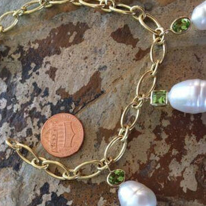 14KT Yellow Gold Peridot + Paspaley South Sea Pearl Charm Bracelet, 14KT Yellow Gold Peridot + Paspaley South Sea Pearl Charm Bracelet - Legacy Saint Jewelry